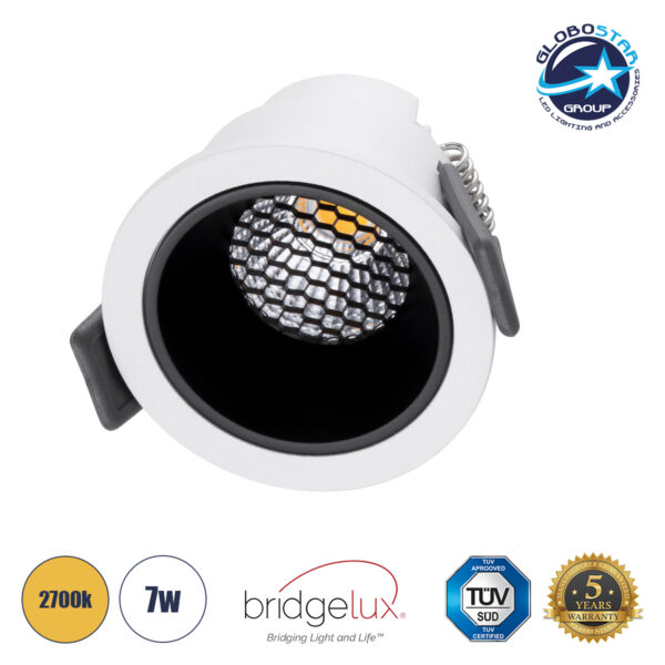 GloboStar® PLUTO-S 60247 Χωνευτό LED Spot Downlight TrimLess Φ6.4cm 7W 875lm 38° AC 220-240V IP20 Φ6.4 x Υ4.9cm - Στρόγγυλο - Λευκό με Μαύρο Κάτοπτρο & Anti-Glare HoneyComb - Θερμό Λευκό 2700K - Bridgelux COB - 5 Years Warranty