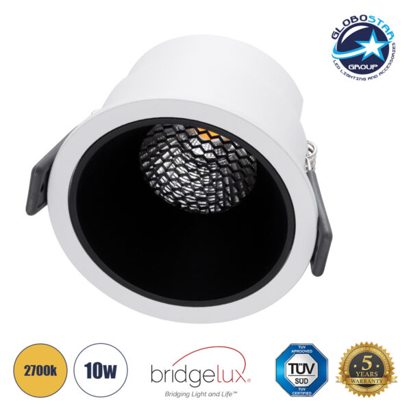 GloboStar® PLUTO-M 60253 Χωνευτό LED Spot Downlight TrimLess Φ8.4cm 10W 1250lm 38° AC 220-240V IP20 Φ8.4 x Υ5.9cm - Στρόγγυλο - Λευκό με Μαύρο Κάτοπτρο & Anti-Glare HoneyComb - Θερμό Λευκό 2700K - Bridgelux COB - 5 Years Warranty