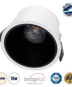 GloboStar® PLUTO-B 60258 Χωνευτό LED Spot Downlight TrimLess Φ10.4cm 15W 1950lm 38° AC 220-240V IP20 Φ10.4 x Υ6.5cm – Στρόγγυλο – Λευκό με Μαύρο Κάτοπτρο & Anti-Glare HoneyComb – Φυσικό Λευκό 4500K – Bridgelux COB – 5 Years Warranty