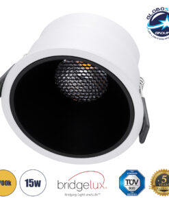 GloboStar® PLUTO-B 60259 Χωνευτό LED Spot Downlight TrimLess Φ10.4cm 15W 1875lm 38° AC 220-240V IP20 Φ10.4 x Υ6.5cm – Στρόγγυλο – Λευκό με Μαύρο Κάτοπτρο & Anti-Glare HoneyComb – Θερμό Λευκό 2700K – Bridgelux COB – 5 Years Warranty