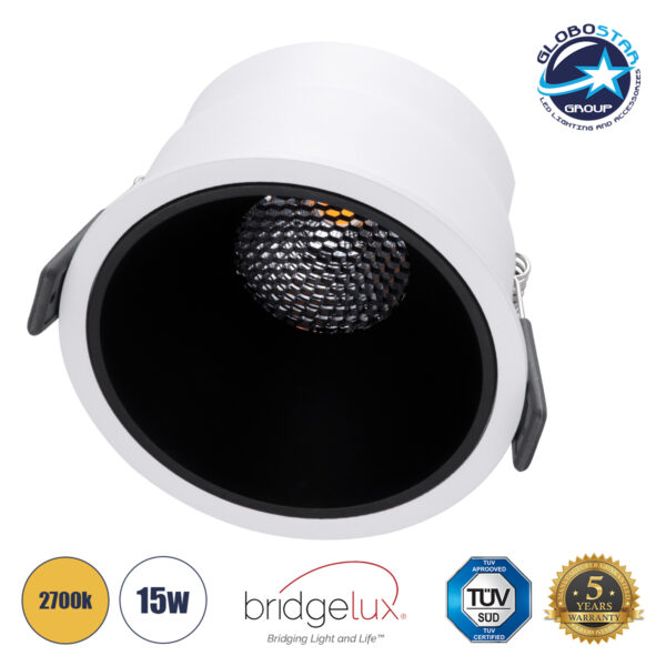 GloboStar® PLUTO-B 60259 Χωνευτό LED Spot Downlight TrimLess Φ10.4cm 15W 1875lm 38° AC 220-240V IP20 Φ10.4 x Υ6.5cm - Στρόγγυλο - Λευκό με Μαύρο Κάτοπτρο & Anti-Glare HoneyComb - Θερμό Λευκό 2700K - Bridgelux COB - 5 Years Warranty