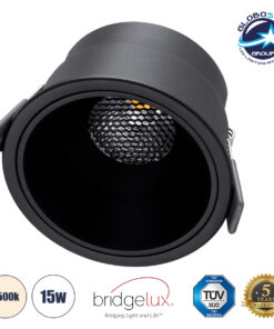 GloboStar® PLUTO-B 60262 Χωνευτό LED Spot Downlight TrimLess Φ10.4cm 15W 1950lm 38° AC 220-240V IP20 Φ10.4 x Υ6.5cm – Στρόγγυλο – Μαύρο & Anti-Glare HoneyComb – Φυσικό Λευκό 4500K – Bridgelux COB – 5 Years Warranty