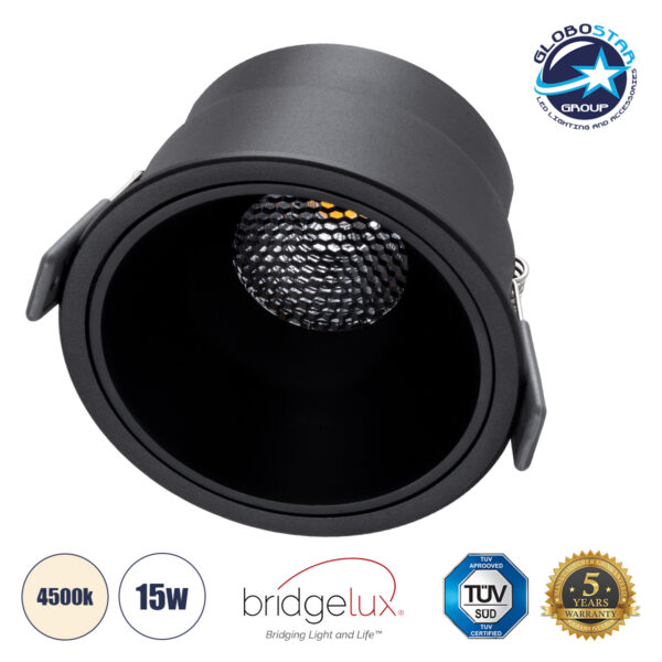 GloboStar® PLUTO-B 60262 Χωνευτό LED Spot Downlight TrimLess Φ10.4cm 15W 1950lm 38° AC 220-240V IP20 Φ10.4 x Υ6.5cm - Στρόγγυλο - Μαύρο & Anti-Glare HoneyComb - Φυσικό Λευκό 4500K - Bridgelux COB - 5 Years Warranty