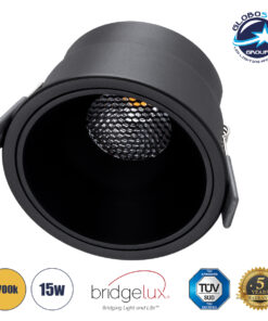 GloboStar® PLUTO-B 60263 Χωνευτό LED Spot Downlight TrimLess Φ10.4cm 15W 1875lm 38° AC 220-240V IP20 Φ10.4 x Υ6.5cm – Στρόγγυλο – Μαύρο & Anti-Glare HoneyComb – Θερμό Λευκό 2700K – Bridgelux COB – 5 Years Warranty