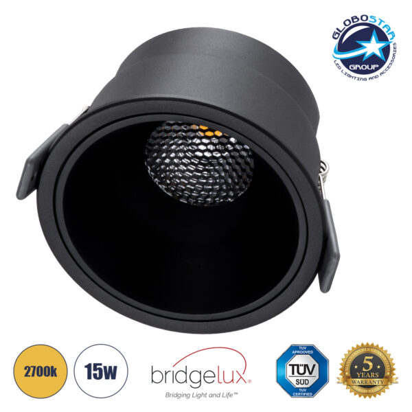 GloboStar® PLUTO-B 60263 Χωνευτό LED Spot Downlight TrimLess Φ10.4cm 15W 1875lm 38° AC 220-240V IP20 Φ10.4 x Υ6.5cm - Στρόγγυλο - Μαύρο & Anti-Glare HoneyComb - Θερμό Λευκό 2700K - Bridgelux COB - 5 Years Warranty