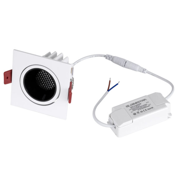 GloboStar® LEO-SQ 60288 Χωνευτό LED Spot Downlight TrimLess Μ8.5xΠ8.5cm 10W 1300lm 38° AC 220-240V IP20 Μ8.5 x Π8.5 x Υ6.6cm – Τετράγωνο – Κινούμενο – Λευκό με Μαύρο Κάτοπτρο & Anti-Glare HoneyComb – Φυσικό Λευκό 4500K – Bridgelux COB – 5 Years Warranty