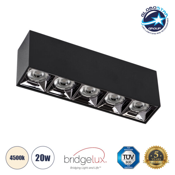 GloboStar® LUMINAR SUPERIOR 60328 Επιφανειακό LED Spot Downlight TrimLess 20W 2800lm 36° AC 220-240V IP20 Μ19.5 x Π4.2 x Υ6.6cm – Μαύρο με Κάτοπτρο Χρωμίου – Φυσικό Λευκό 4500K – Bridgelux High Lumen Chip Gen2 – TÜV Certified Driver – 5 Years Warranty