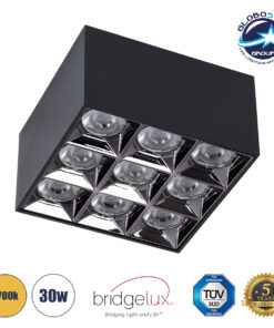 GloboStar® LUMINAR SUPERIOR 60337 Επιφανειακό LED Spot Downlight TrimLess 30W 4050lm 36° AC 220-240V IP20 Μ12 x Π12 x Υ6.6cm – Μαύρο με Κάτοπτρο Χρωμίου – Θερμό Λευκό 2700K – Bridgelux High Lumen Chip Gen2 – TÜV Certified Driver – 5 Years Warranty