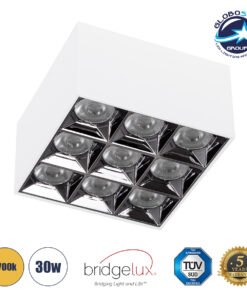 GloboStar® LUMINAR SUPERIOR 60339 Επιφανειακό LED Spot Downlight TrimLess 30W 4050lm 36° AC 220-240V IP20 Μ12 x Π12 x Υ6.6cm – Λευκό με Κάτοπτρο Χρωμίου – Θερμό Λευκό 2700K – Bridgelux High Lumen Chip Gen2 – TÜV Certified Driver – 5 Years Warranty