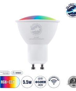 GloboStar® 60487 Έξυπνο Σποτ LED GU10 MR16 Smart Home Wifi 5.5W 550lm 120° AC 220-240V IP20 Φ5 x Υ6.5cm RGB+CCT – Εναλλαγή Φωτισμού & Dimming μέσω Εφαρμογής Tuya – Bridgelux Chip – 3 Χρόνια Εγγύηση