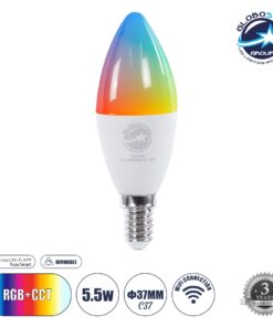 GloboStar® 60488 Έξυπνη Λάμπα LED E14 C37 Κεράκι Smart Home Wifi 5.5W 550lm 260° AC 220-240V IP20 Φ3.7 x Υ11cm RGB+CCT – Εναλλαγή Φωτισμού & Dimming μέσω Εφαρμογής Tuya – Bridgelux Chip – 3 Χρόνια Εγγύηση