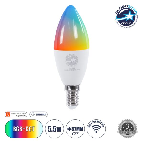 GloboStar® 60488 Έξυπνη Λάμπα LED E14 C37 Κεράκι Smart Home Wifi 5.5W 550lm 260° AC 220-240V IP20 Φ3.7 x Υ11cm RGB+CCT - Εναλλαγή Φωτισμού & Dimming μέσω Εφαρμογής Tuya - Bridgelux Chip - 3 Χρόνια Εγγύηση