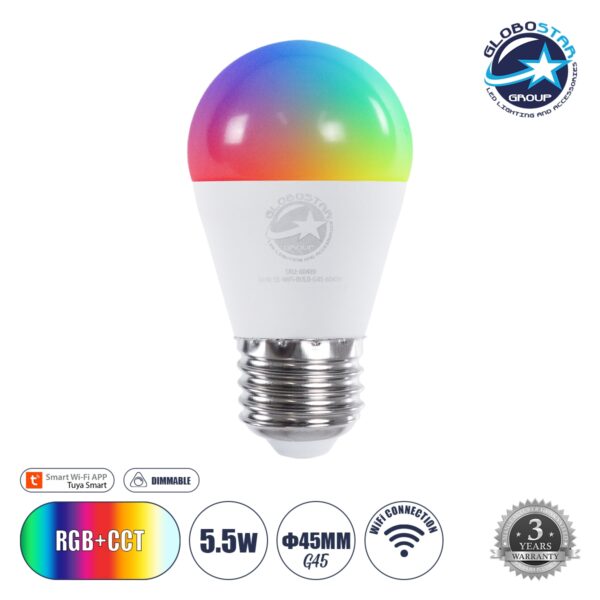 GloboStar® 60489 Έξυπνη Λάμπα LED E27 G45 Γλομπάκι Smart Home Wifi 5.5W 550lm 260° AC 220-240V IP20 Φ4.5 x Υ8.8cm RGB+CCT - Εναλλαγή Φωτισμού & Dimming μέσω Εφαρμογής Tuya - Bridgelux Chip - 3 Χρόνια Εγγύηση