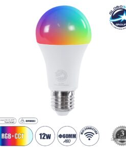 GloboStar® 60490 Έξυπνη Λάμπα LED E27 A60 Γλόμπος Smart Home Wifi 12W 1200lm 260° AC 220-240V IP20 Φ6 x Υ12cm RGB+CCT – Εναλλαγή Φωτισμού & Dimming μέσω Εφαρμογής Tuya – Bridgelux Chip – 3 Χρόνια Εγγύηση