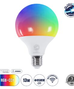 GloboStar® 60491 Έξυπνη Λάμπα LED E27 G95 Γλόμπος Smart Home Wifi 13W 1300lm 260° AC 220-240V IP20 Φ9.5 x Υ13.5cm RGB+CCT – Εναλλαγή Φωτισμού & Dimming μέσω Εφαρμογής Tuya – Bridgelux Chip – 3 Χρόνια Εγγύηση