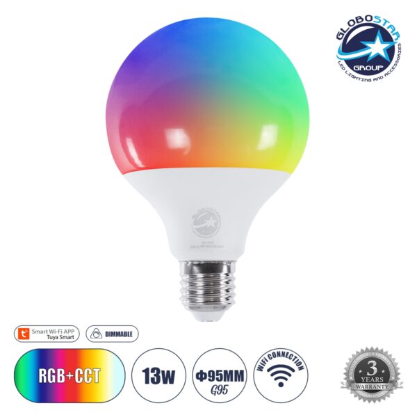 GloboStar® 60491 Έξυπνη Λάμπα LED E27 G95 Γλόμπος Smart Home Wifi 13W 1300lm 260° AC 220-240V IP20 Φ9.5 x Υ13.5cm RGB+CCT - Εναλλαγή Φωτισμού & Dimming μέσω Εφαρμογής Tuya - Bridgelux Chip - 3 Χρόνια Εγγύηση