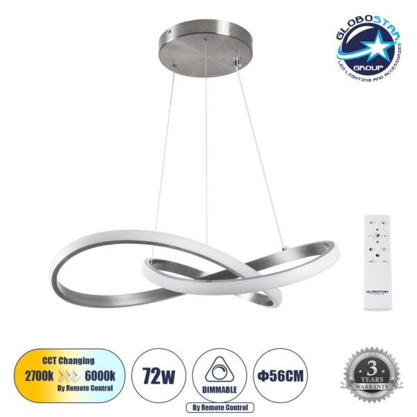 GloboStar® DEXTER 60498 Κρεμαστό Φωτιστικό Οροφής Design LED CCT 72W 8064lm 300° AC 220-240V - Εναλλαγή Φωτισμού μέσω Τηλεχειριστηρίου All In One Ψυχρό 6000k+Φυσικό 4500k+Θερμό 2700k Dimmable Φ56cm - Νίκελ Ασημί Βούρτσας - 3 Years Warranty