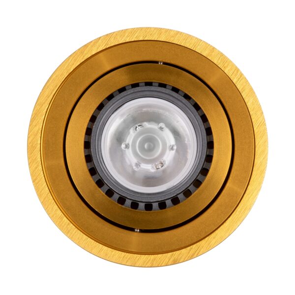 GloboStar® AKIRA 60620 Επιφανειακό Κινούμενο Στρόγγυλο Φωτιστικό Σποτ Αλουμινίου με Ντουί GU10 AC 220-240V IP44 Φ8 x Υ10cm – Χρυσό Βούρτσας – 5 Years Warranty