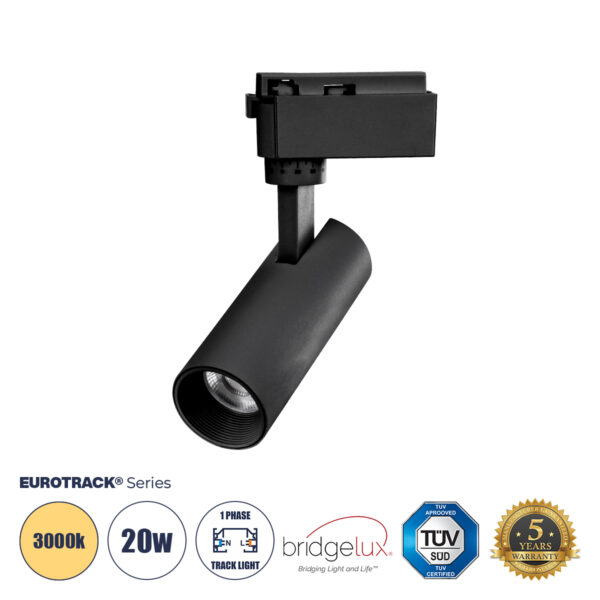 Globostar 60805 Μονοφασικό Bridgelux COB LED Μάυρο Φωτιστικό Σποτ Ράγας 10W 230V 1200lm 30° Θερμό Λευκό 3000k