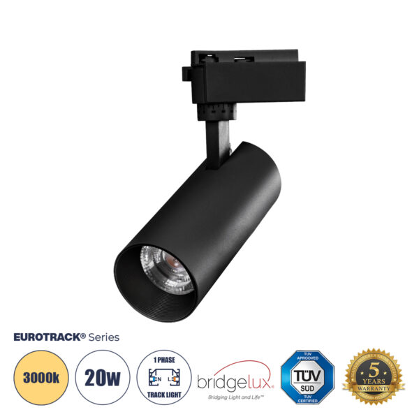 Globostar 60811 Μονοφασικό Bridgelux COB LED Μάυρο Φωτιστικό Σποτ Ράγας 20W 230V 2400lm 30° Θερμό Λευκό 3000k
