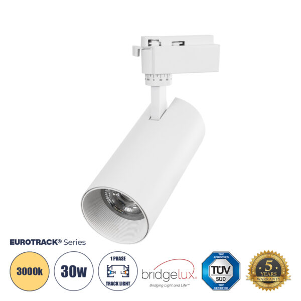 Globostar 60814 Μονοφασικό Bridgelux COB LED Λευκό Φωτιστικό Σποτ Ράγας 30W 230V 3600lm 30° Θερμό Λευκό 3000k
