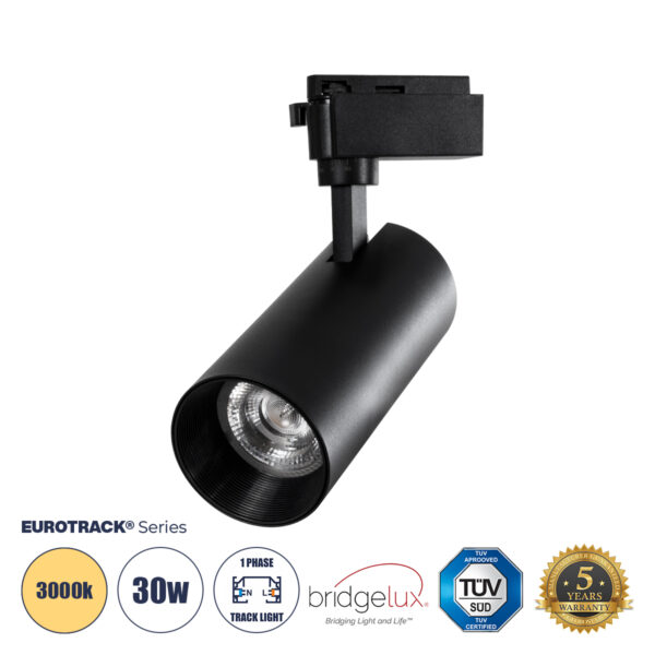 Globostar 60817 Μονοφασικό Bridgelux COB LED Μάυρο Φωτιστικό Σποτ Ράγας 30W 230V 3600lm 30° Θερμό Λευκό 3000k
