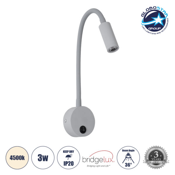 GloboStar® GOOSE 60877 Μοντέρνο Φωτιστικό Τοίχου - Απλίκα Ξενοδοχείου Bed Side LED 3W 300lm 36° AC 220-240V - Reading Light - Μ6.5 x Π15 x Υ24.5cm - Φυσικό Λευκό 4500K - Γκρι Ανθρακί