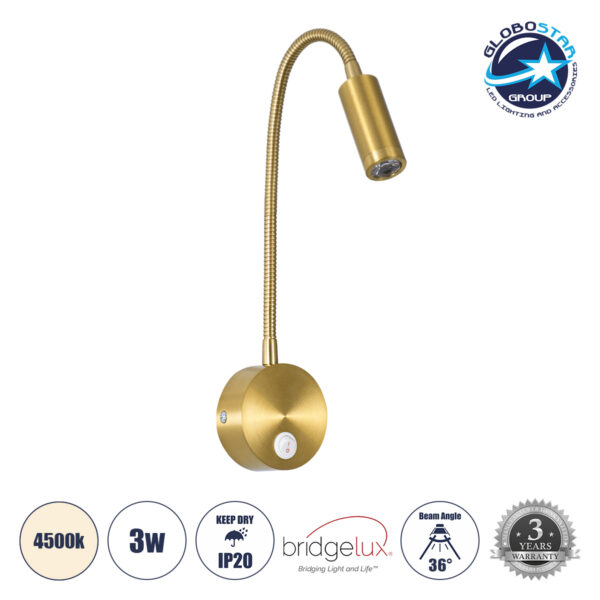 GloboStar® GOOSE 60880 Μοντέρνο Φωτιστικό Τοίχου - Απλίκα Ξενοδοχείου Bed Side LED 3W 300lm 36° AC 220-240V - Reading Light - Μ6.5 x Π15 x Υ24.5cm - Φυσικό Λευκό 4500K - Χρυσό Βούρτσας