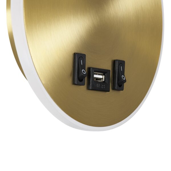 GloboStar® GOOSE 60885 Μοντέρνο Φωτιστικό Τοίχου – Απλίκα Ξενοδοχείου Bed Side LED 6W 600lm 36° & 360° AC 220-240V – Reading Light & 360° Κρυφός Φωτισμός – Φορτιστής USB 3A – Μ15.5 x Π15 x Υ30.5cm – Φυσικό Λευκό 4500K – Χρυσό Βούρτσας