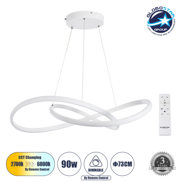 GloboStar® DEXTER 60914 Κρεμαστό Φωτιστικό Οροφής Design LED CCT 90W 10080lm 300° AC 220-240V - Εναλλαγή Φωτισμού μέσω Τηλεχειριστηρίου All In One Ψυχρό 6000k+Φυσικό 4500k+Θερμό 2700k Dimmable Φ73cm - Λευκό - 3 Years Warranty