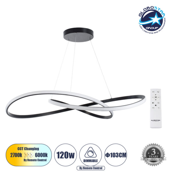 GloboStar® DEXTER 60917 Κρεμαστό Φωτιστικό Οροφής Design LED CCT 120W 13440lm 300° AC 220-240V - Εναλλαγή Φωτισμού μέσω Τηλεχειριστηρίου All In One Ψυχρό 6000k+Φυσικό 4500k+Θερμό 2700k Dimmable Φ103cm - Μαύρο - 3 Years Warranty