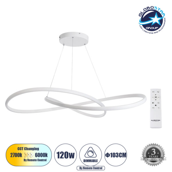 GloboStar® DEXTER 60918 Κρεμαστό Φωτιστικό Οροφής Design LED CCT 120W 13440lm 300° AC 220-240V - Εναλλαγή Φωτισμού μέσω Τηλεχειριστηρίου All In One Ψυχρό 6000k+Φυσικό 4500k+Θερμό 2700k Dimmable Φ103cm - Λευκό - 3 Years Warranty