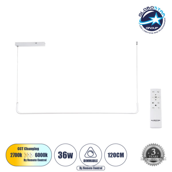 GloboStar® LINARIA 60922 Κρεμαστό Φωτιστικό Οροφής Design LED CCT 36W 4150lm 200° AC 220-240V - Εναλλαγή Φωτισμού μέσω Τηλεχειριστηρίου All In One Ψυχρό 6000k+Φυσικό 4500k+Θερμό 2700k Dimmable Μ120 x Π2 x Υ10cm - Λευκό - 3 Years Warranty