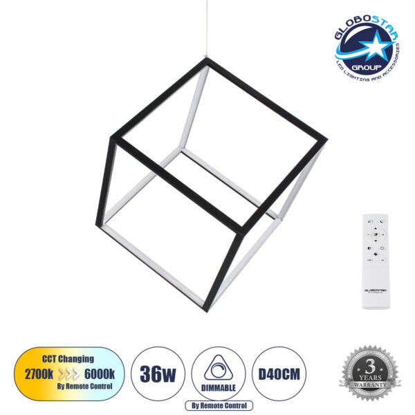 GloboStar® KIBOO 60929 Κρεμαστό Φωτιστικό Οροφής Design LED CCT 36W 4150lm 360° AC 220-240V - Εναλλαγή Φωτισμού μέσω Τηλεχειριστηρίου All In One Ψυχρό 6000k+Φυσικό 4500k+Θερμό 2700k Dimmable Μ40 x Π40 x Υ40cm - Μαύρο - 3 Years Warranty