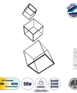 GloboStar® KIBOO-TRIO 60931 Κρεμαστό Φωτιστικό Οροφής Design LED CCT 90W 10350lm 360° AC 220-240V – Εναλλαγή Φωτισμού μέσω Τηλεχειριστηρίου All In One Ψυχρό 6000k+Φυσικό 4500k+Θερμό 2700k Dimmable Μ60 x Π60 x Υ80cm – Μαύρο – 3 Years Warranty