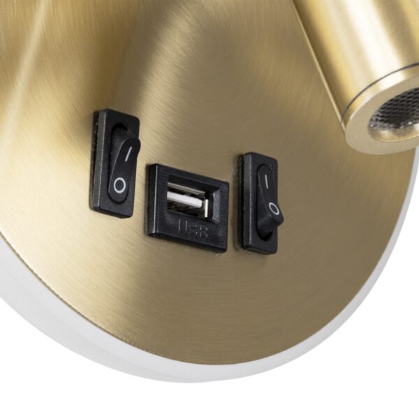 GloboStar® LADY-R 60940 Μοντέρνο Φωτιστικό Τοίχου – Απλίκα Ξενοδοχείου Bed Side LED 6W 600lm 36° & 360° AC 220-240V – Reading Light & 360° Κρυφός Φωτισμός – Φορτιστής USB 3A – Μ10.5 x Π10 x Υ18.5cm – Φυσικό Λευκό 4500K – Χρυσό Βούρτσας