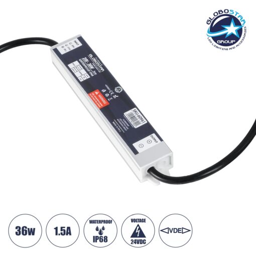 GloboStar® 60961 Αδιάβροχο Τροφοδοτικό SELV για Προϊόντα Φωτισμού LED 36W 1.5A – AC 220-240V σε DC 24V με 1.2m VDE Καλώδιο Παροχής & Εξόδου Τροφοδοσίας – Αδιάβροχο IP68 – M17 x W3 x H2cm  – 3 Χρόνια Εγγύηση