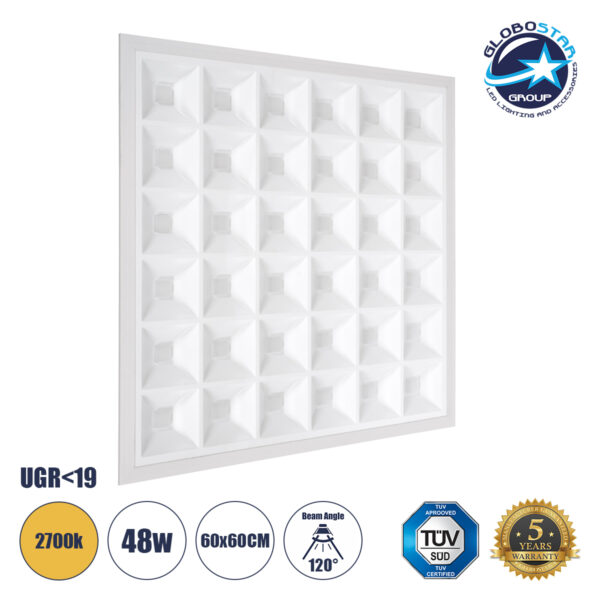 GloboStar® ZEUS 60970 Χωνευτό LED Panel 60x60cm 48W 6960lm 120° CRI≥86Ra UGR<19 Anti-Glare Shield Diffuser AC 220-240V IP44 Μ60 x Π60 x Υ3.3cm - Θερμό Λευκό 2700K - Bridgelux High Lumen Chips - TÜV Certified Driver - 5 Years Warranty