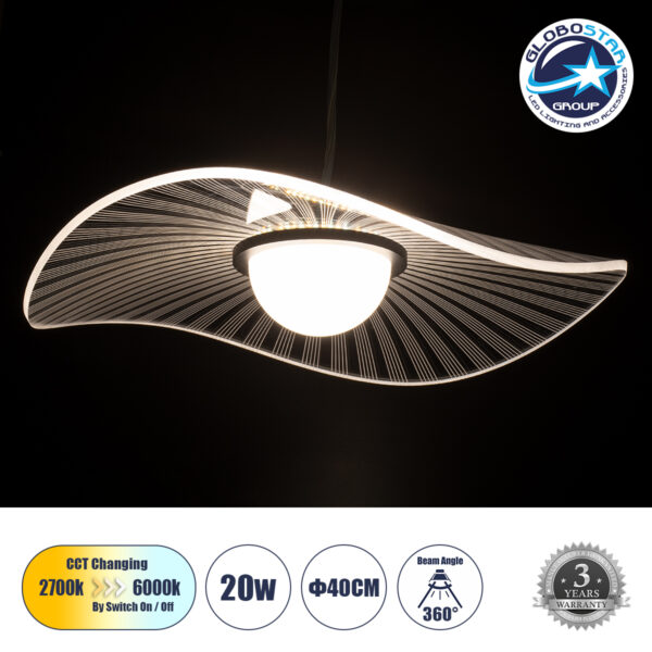 GloboStar® ACRYLICA 60974 Κρεμαστό Φωτιστικό Οροφής Design LED CCT 20W 2240lm 360° AC 220-240V - Εναλλαγή Φωτισμού μέσω Διακόπτη On/Off All In One Ψυχρό 6000k+Φυσικό 4500k+Θερμό 2700k Φ40cm - Μαύρο με Διάφανο Laser Designed Plexiglass - 3 Years Warranty