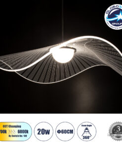 GloboStar® ACRYLICA 60975 Κρεμαστό Φωτιστικό Οροφής Design LED CCT 20W 2240lm 360° AC 220-240V – Εναλλαγή Φωτισμού μέσω Διακόπτη On/Off All In One Ψυχρό 6000k+Φυσικό 4500k+Θερμό 2700k Φ60cm – Μαύρο με Διάφανο Laser Designed Plexiglass – 3 Years Warranty