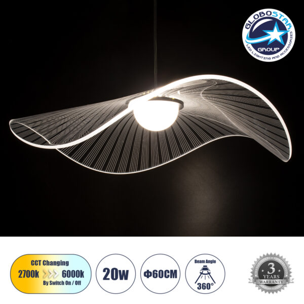 GloboStar® ACRYLICA 60975 Κρεμαστό Φωτιστικό Οροφής Design LED CCT 20W 2240lm 360° AC 220-240V - Εναλλαγή Φωτισμού μέσω Διακόπτη On/Off All In One Ψυχρό 6000k+Φυσικό 4500k+Θερμό 2700k Φ60cm - Μαύρο με Διάφανο Laser Designed Plexiglass - 3 Years Warranty