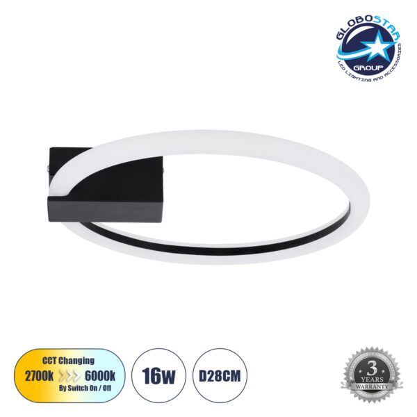 GloboStar® CINDERELLA 60976 Φωτιστικό Οροφής Δαχτυλίδι-Κύκλος LED CCT 16W 1792lm 360° AC 220-240V - Εναλλαγή Φωτισμού μέσω Διακόπτη On/Off All In One Ψυχρό 6000k+Φυσικό 4500k+Θερμό 2700k Φ28cm - Μαύρο - 3 Years Warranty