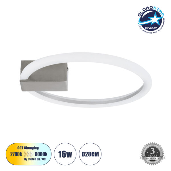 GloboStar® CINDERELLA 60979 Φωτιστικό Οροφής Δαχτυλίδι-Κύκλος LED CCT 16W 1792lm 360° AC 220-240V - Εναλλαγή Φωτισμού μέσω Διακόπτη On/Off All In One Ψυχρό 6000k+Φυσικό 4500k+Θερμό 2700k Φ28cm - Χρώμιο Νικελ - 3 Years Warranty