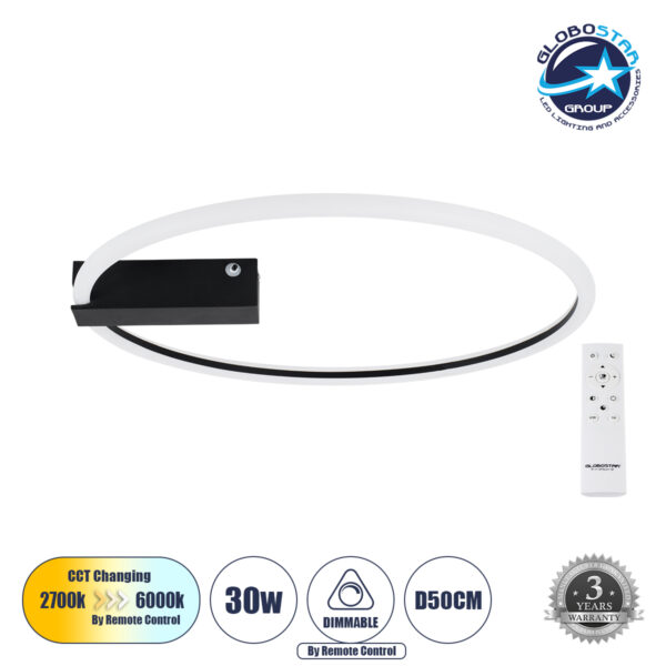 GloboStar® CINDERELLA 60980 Φωτιστικό Οροφής Δαχτυλίδι-Κύκλος LED CCT 30W 3360lm 360° AC 220-240V - Εναλλαγή Φωτισμού μέσω Τηλεχειριστηρίου All In One Ψυχρό 6000k+Φυσικό 4500k+Θερμό 2700k Dimmable Φ50cm - Μαύρο - 3 Years Warranty