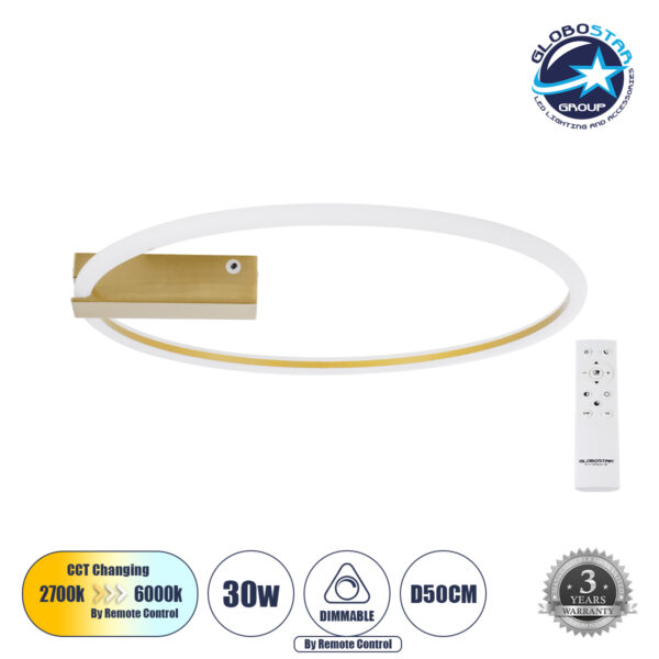 GloboStar® CINDERELLA 60982 Φωτιστικό Οροφής Δαχτυλίδι-Κύκλος LED CCT 30W 3360lm 360° AC 220-240V - Εναλλαγή Φωτισμού μέσω Τηλεχειριστηρίου All In One Ψυχρό 6000k+Φυσικό 4500k+Θερμό 2700k Dimmable Φ50cm - Χρυσό Βούρτσας - 3 Years Warranty