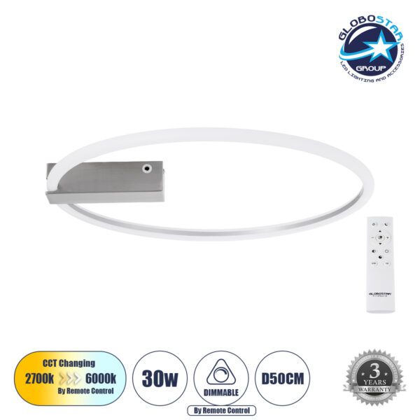 GloboStar® CINDERELLA 60983 Φωτιστικό Οροφής Δαχτυλίδι-Κύκλος LED CCT 30W 3360lm 360° AC 220-240V - Εναλλαγή Φωτισμού μέσω Τηλεχειριστηρίου All In One Ψυχρό 6000k+Φυσικό 4500k+Θερμό 2700k Dimmable Φ50cm - Χρώμιο Νικελ - 3 Years Warranty