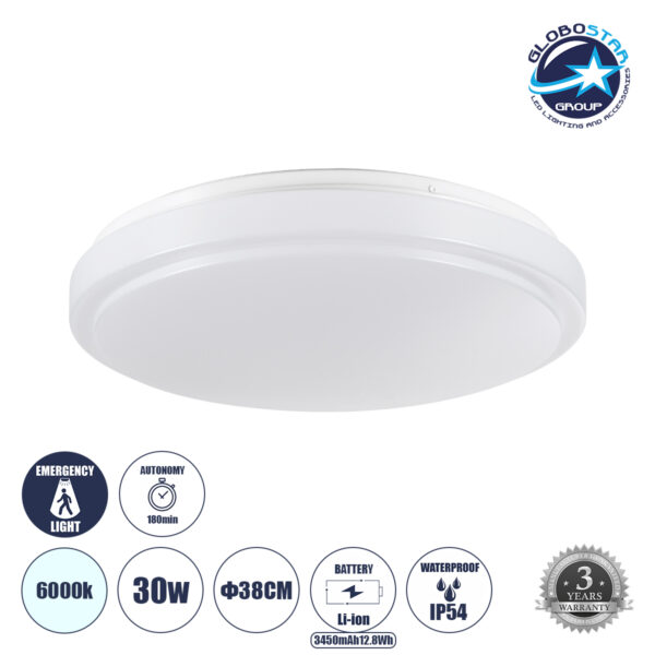 GloboStar® EMERGANO 60992 Πλαφονιέρα Οροφής LED 30W 3000lm 120° AC 220-240V με Ενσωματωμένο Σύστημα Emergency Li-ion 3450mAh/12.8Wh με Αυτονομία έως 3hrs - Αδιάβροχη IP54 Φ38 x Υ5.3cm Ψυχρό Λευκό 6000K - Λευκό - Bridgelux Chips - 3 Years Warranty