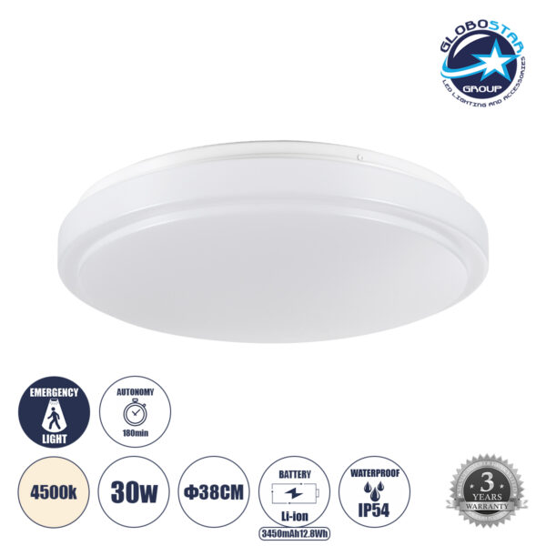 GloboStar® EMERGANO 60993 Πλαφονιέρα Οροφής LED 30W 2850lm 120° AC 220-240V με Ενσωματωμένο Σύστημα Emergency Li-ion 3450mAh/12.8Wh με Αυτονομία 3hrs - Αδιάβροχη IP54 Φ38 x Υ5.3cm Φυσικό Λευκό 4500K - Λευκό - Bridgelux Chips - 3 Years Warranty