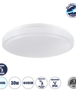 GloboStar® SENSORANO 60994 Πλαφονιέρα Οροφής LED 30W 3000lm 120° AC 220-240V με Ενσωματωμένο Σύστημα Ρυθμιζόμενου Microwave Αισθητήρα Κίνησης – Αδιάβροχη IP54 Φ38 x Υ5.3cm Ψυχρό Λευκό 6000K – Λευκό – Bridgelux Chips – 3 Years Warranty