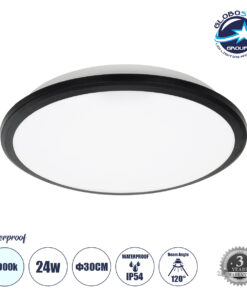 GloboStar® TUFFIN 60996 Πλαφονιέρα Οροφής LED 24W 2760lm 120° AC 220-240V Αδιάβροχη IP54 Φ30 x Υ6.5cm Ψυχρό Λευκό 6000K – Μαύρο – Bridgelux Chips – 3 Years Warranty